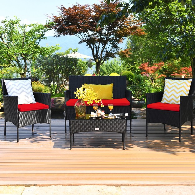 Costway 4pcs Rattan Patio Furniture Set Cushioned Sofa Chair Coffee Table Red