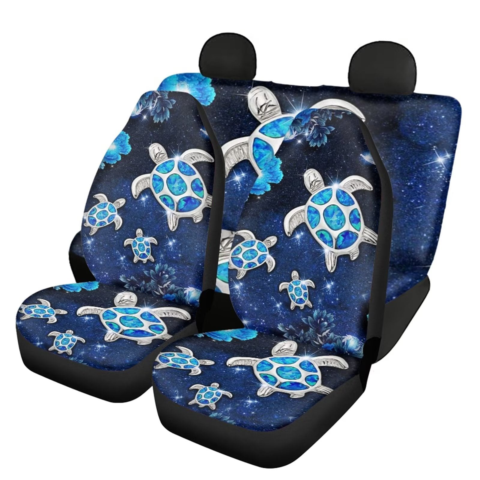 FKELYI Breathable Car Bucket Seat Cover Stretchy Protectors Set，Starry Sky Sea Turtle Cartoon 2pcs Front Car Backrest Covers and 2pcs Rear One-Piece Auto Cushions，Universal Fit