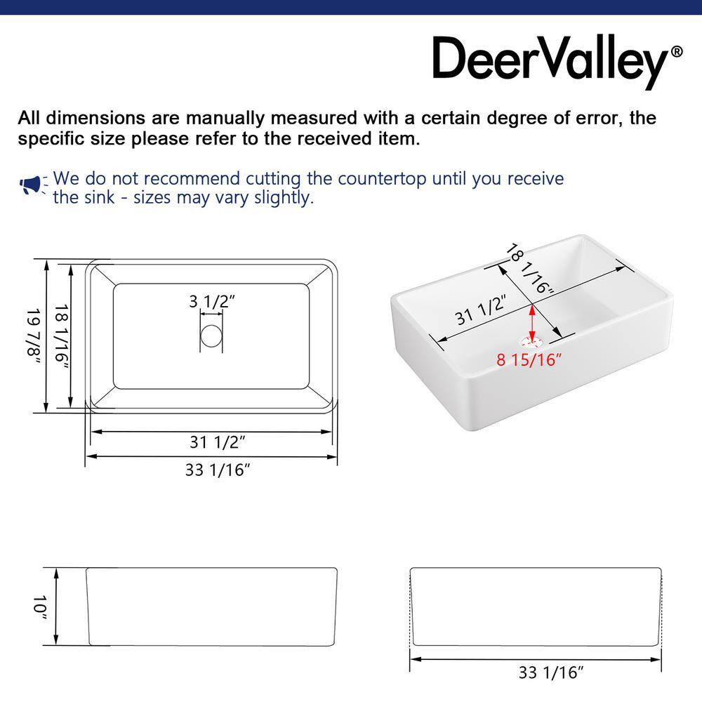 DEERVALLEY DeerValley Feast White Ceramic 33 in. L Rectangular Single Bowl Farmhouse Apron Kitchen Sink with Grid and Strainer DV-1K119