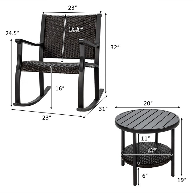 Tangkula 3 piece Wicker Rocking Bistro Set Outdoor Conversation Set With Coffee Table