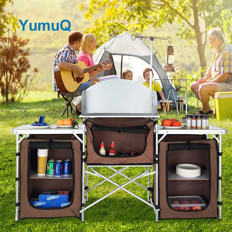 YumuQ Foldable Outdoor Camping Cooking Kitchen Utility Steel Work Station Cabinet Igt Table Set