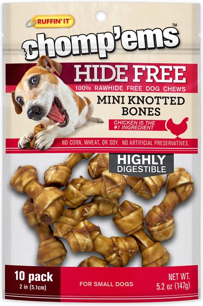 RUFFIN' IT Chomp'Ems Hide-Free Chicken Mini Knot Bones Dog Treats， 10 count