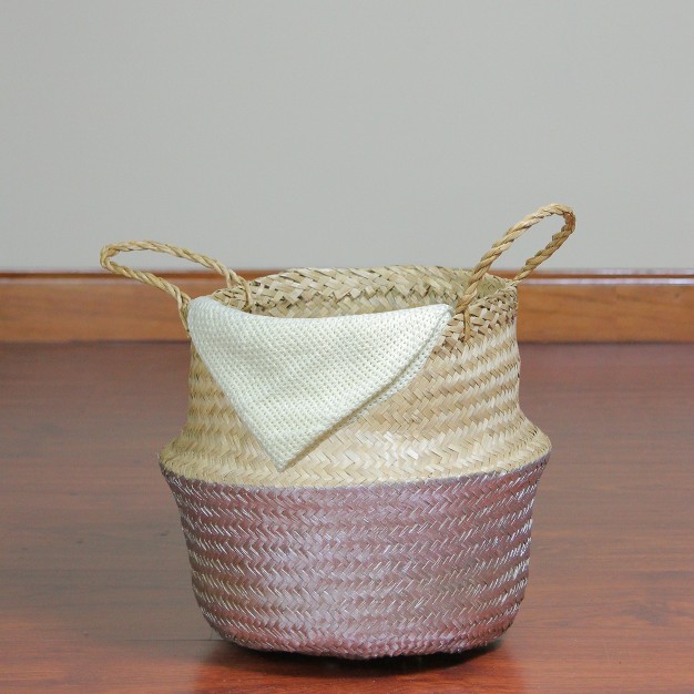 Beige And Silver Seagrass Belly Wicker Basket With Handles