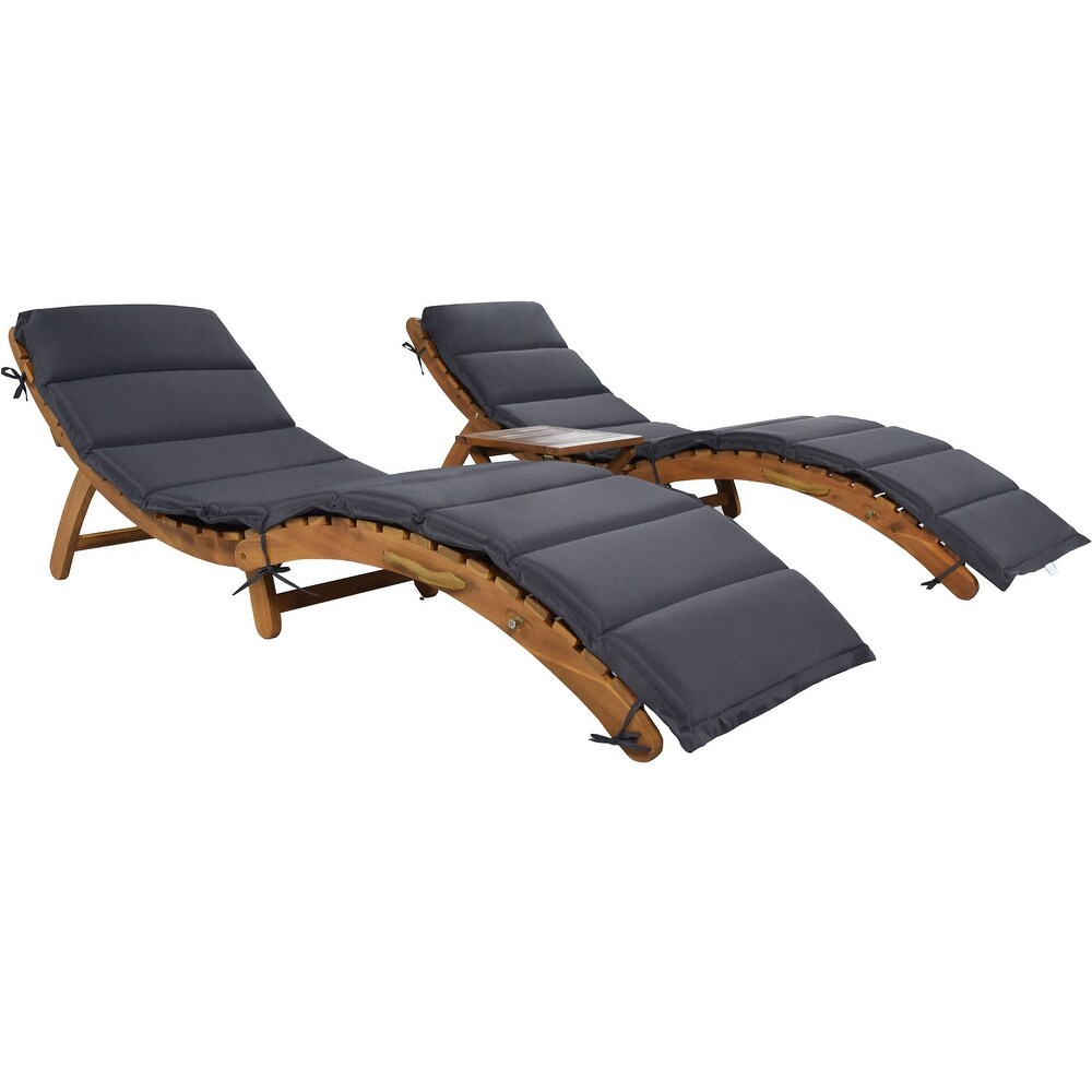 Poolside 3 Piece Wood Portable Extended Chaise Lounge Set with Foldable Tea Table