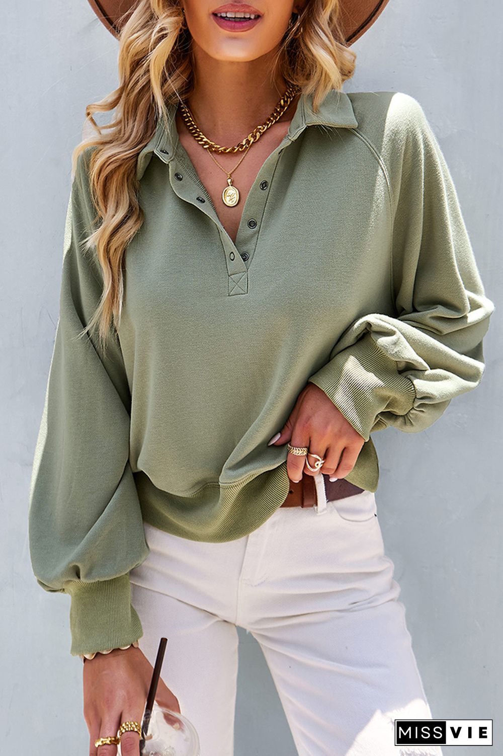 Turndown Collar Long Sleeve Button Sweatshirt