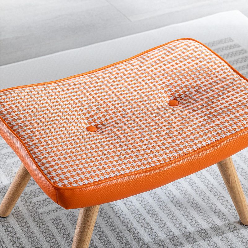 Wooden Houndstooth Fabric Square Cushion Foot Step Ottoman Stool With Non-slip Pad