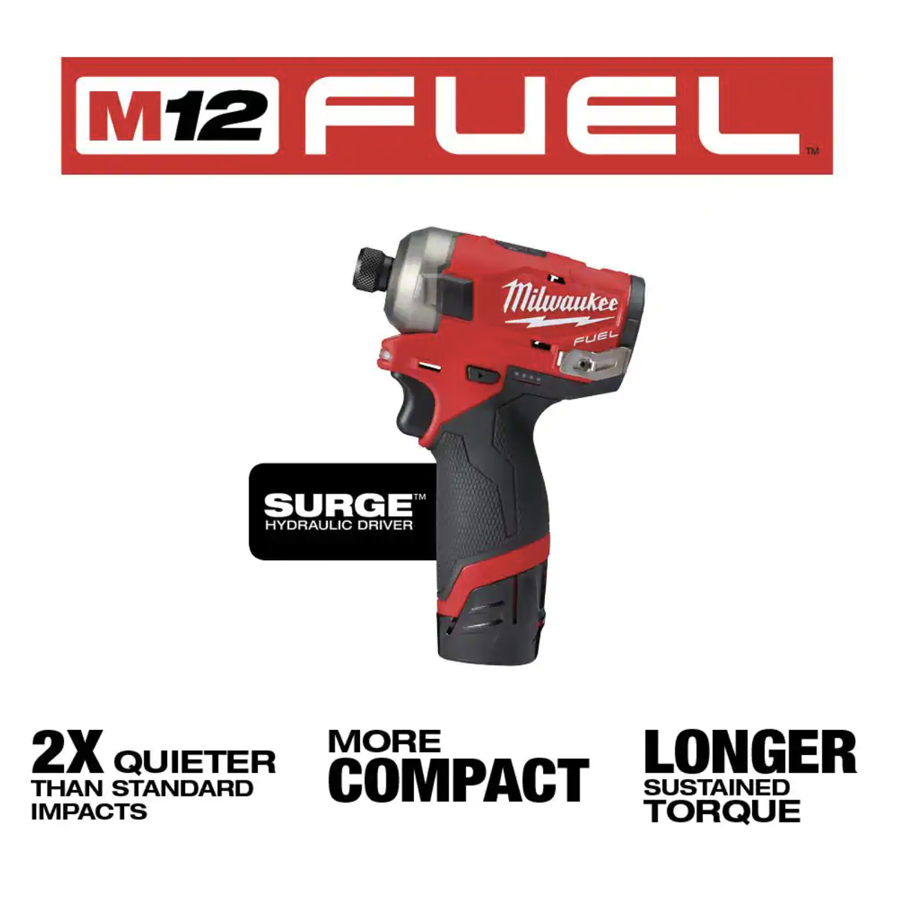 Milwaukee M12 Fuel Surge 12V Lithium-Ion Brushless Cordless 1/4 in. Hex Impact Driver Compact Kit w/Two 2.0Ah Batteries， Bag