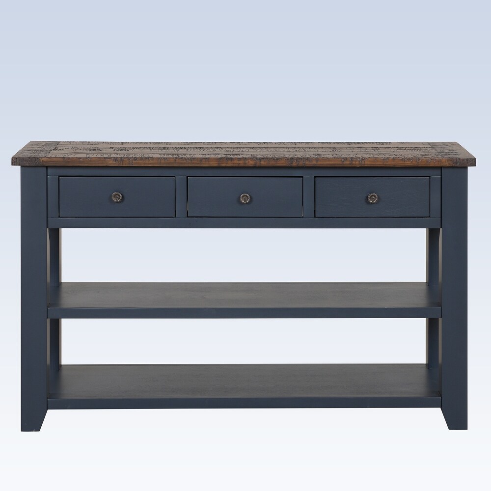 Modern Solid Pine Wood Top Console Table with Drawers and Shelves