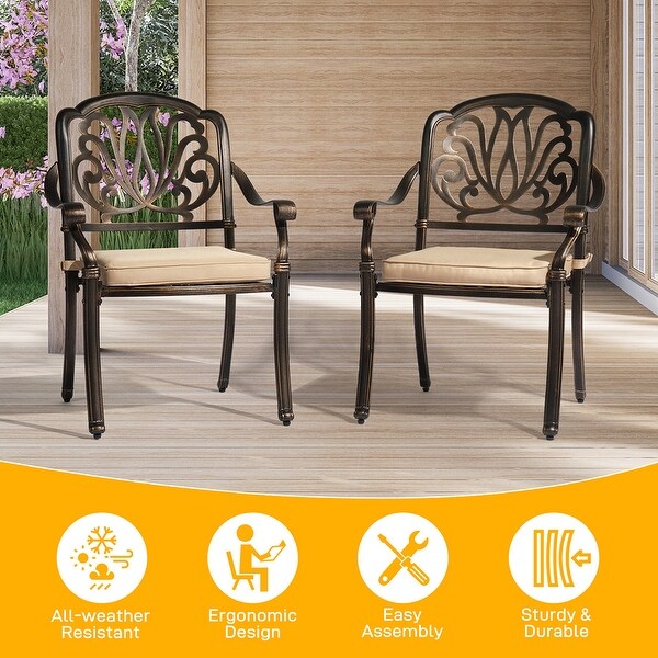 Set of 2 Cast Aluminum Patio Stackable Dining Chairs with Cushions