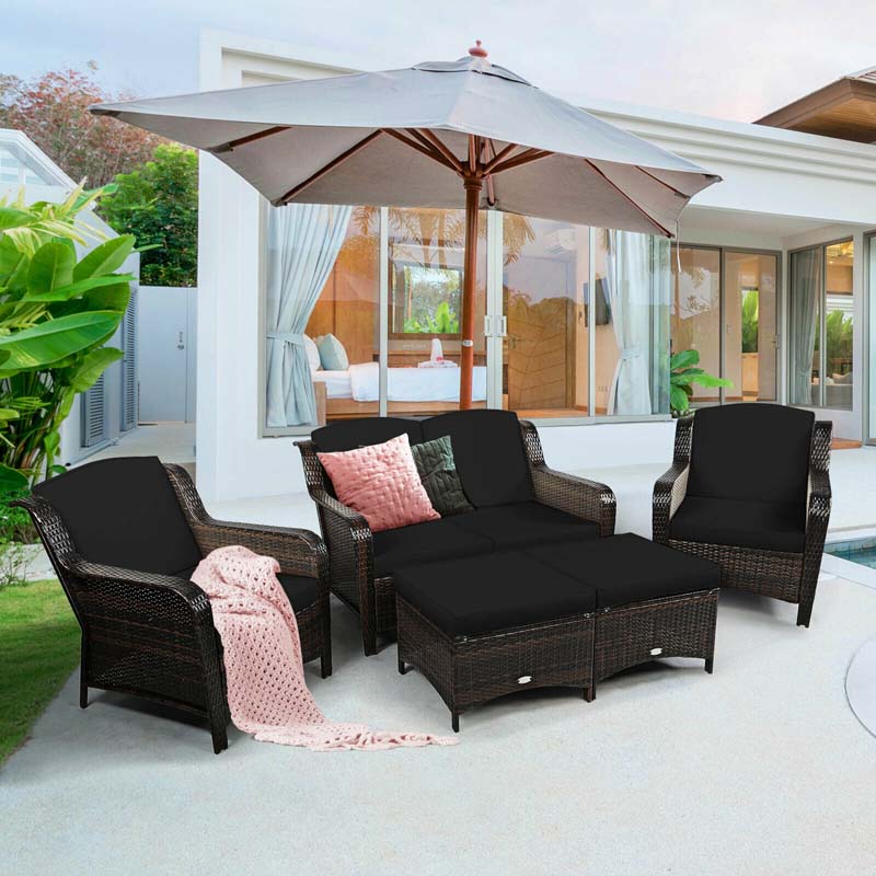 5 Pcs Rattan Wicker Patio Furniture Set with Loveseat, Single Sofas & Ottomans, Outdoor Conversation Sets