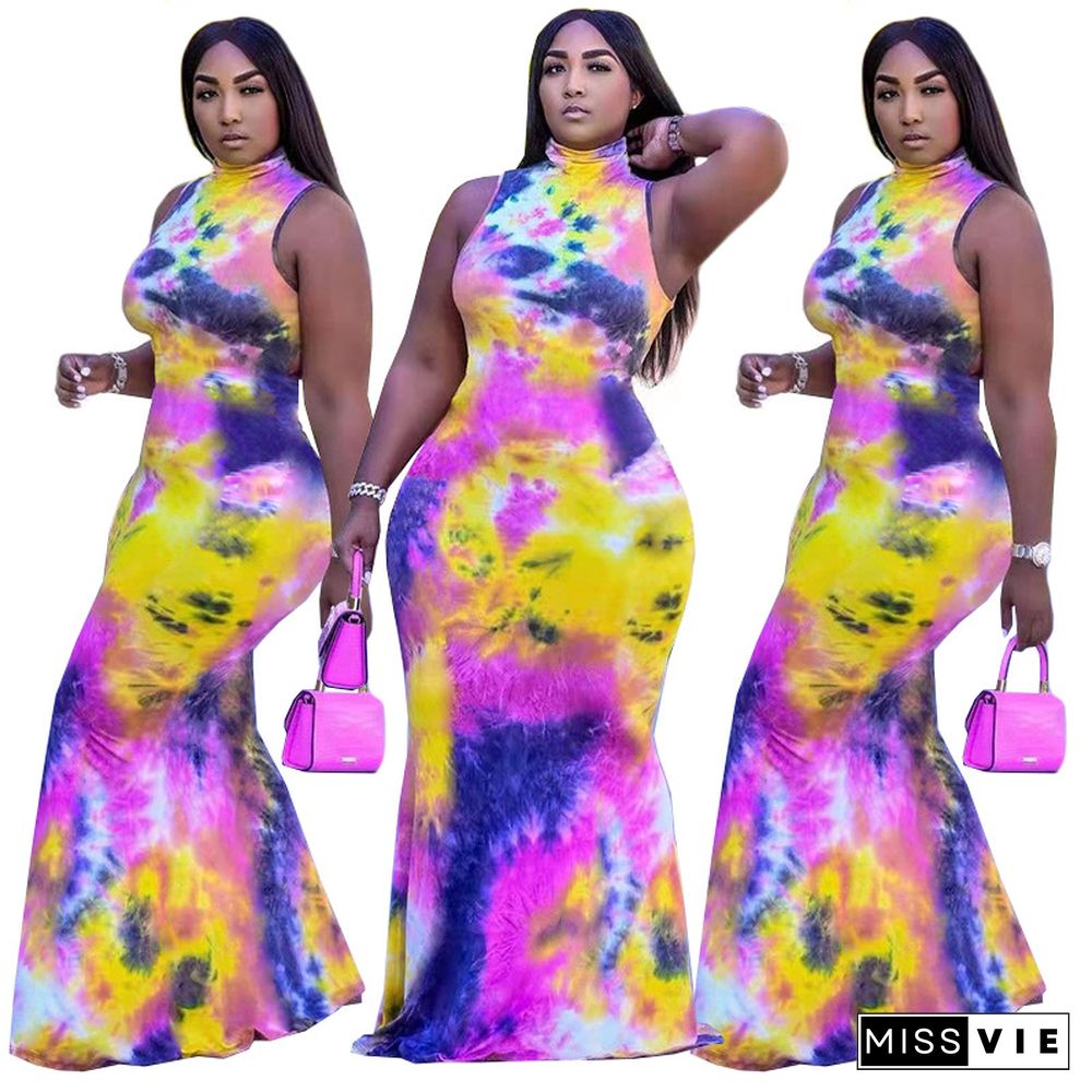 Summer Hot Style Women Tie Dye Print Sleeveless Turtleneck High Waist Skinny Long Dress