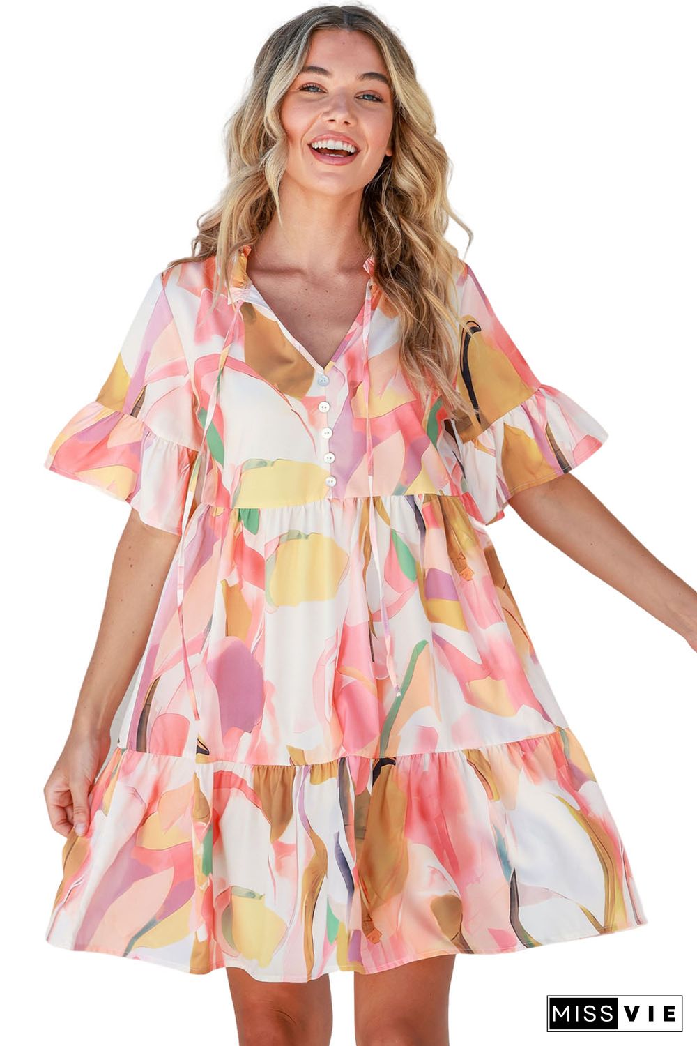 Pink Geometric Print Ruffled Short Sleeve Tied V-Neck Mini Dress