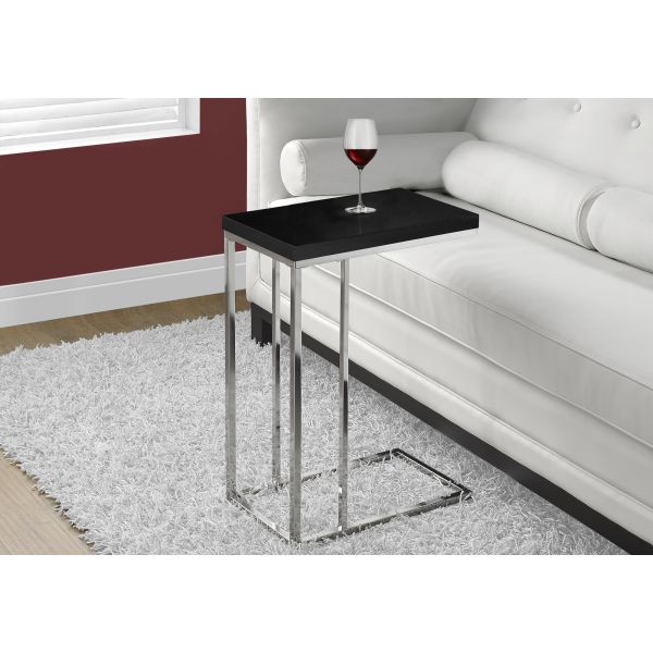 Accent Table， C-shaped， End， Side， Snack， Living Room， Bedroom， Glossy Black Laminate， Chrome Metal， Contemporary， Modern