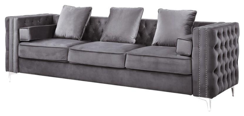 ACME Bovasis Button Tufted Velvet Upholstery Sofa with Nailhead Trim in Gray   Midcentury   Sofas   by Homesquare  Houzz