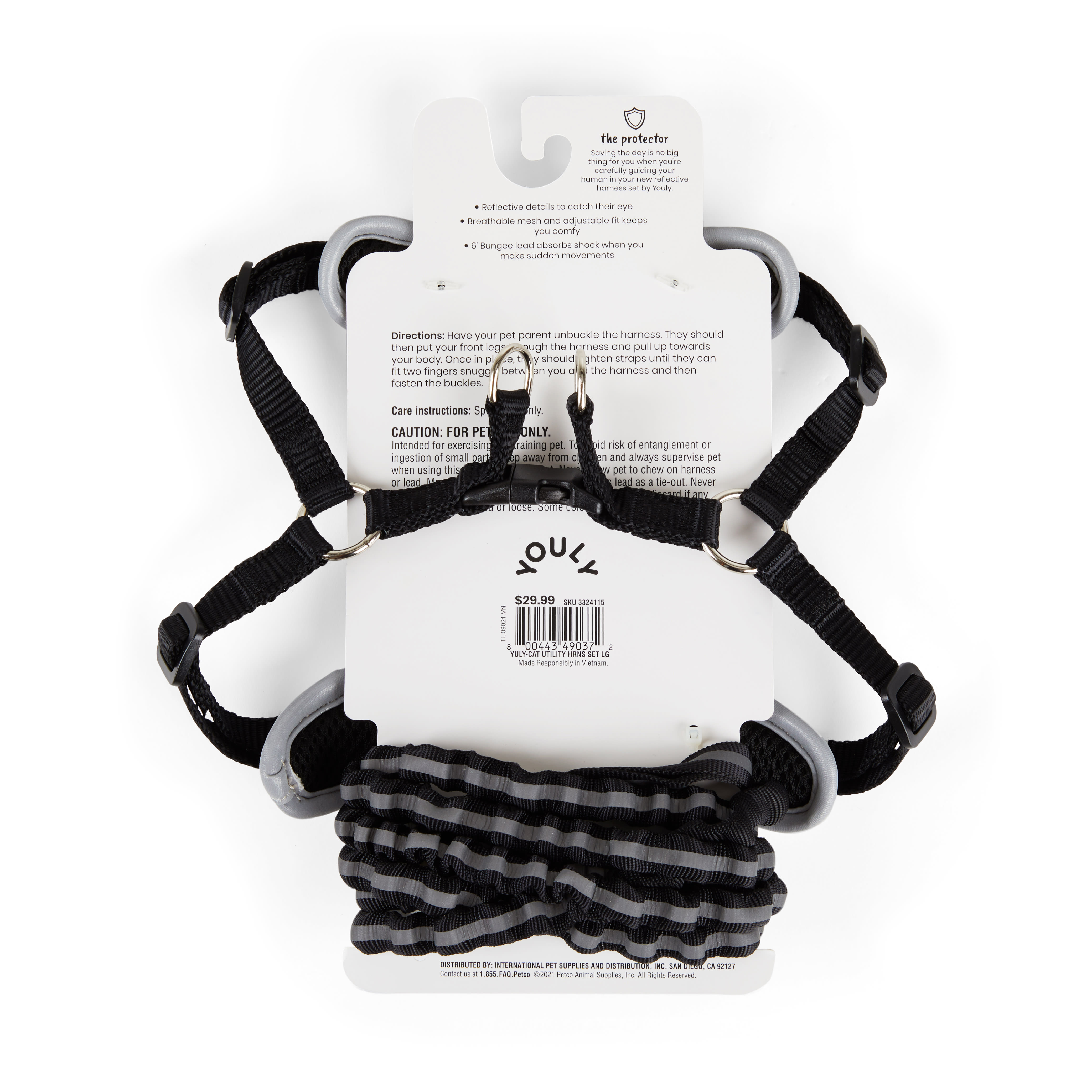 YOULY The Protector Black Reflective Utility Large/X-large Cat Harness， Collar  Leash Set