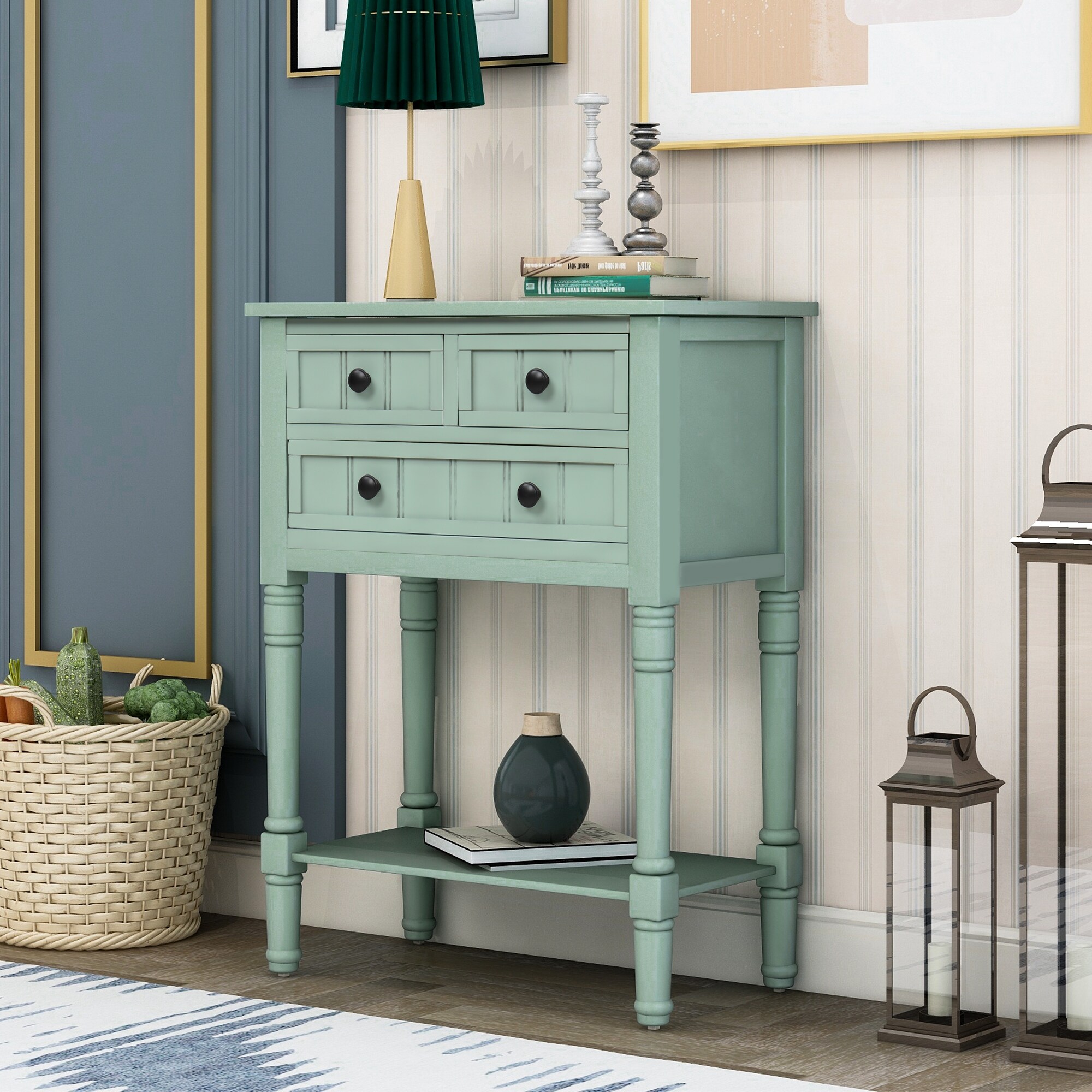 Narrow Console Table with 3 Storage Drawers and Black Round Deco Knobs， Slim Sofa Table with Bottom Shelf， Antique Blue