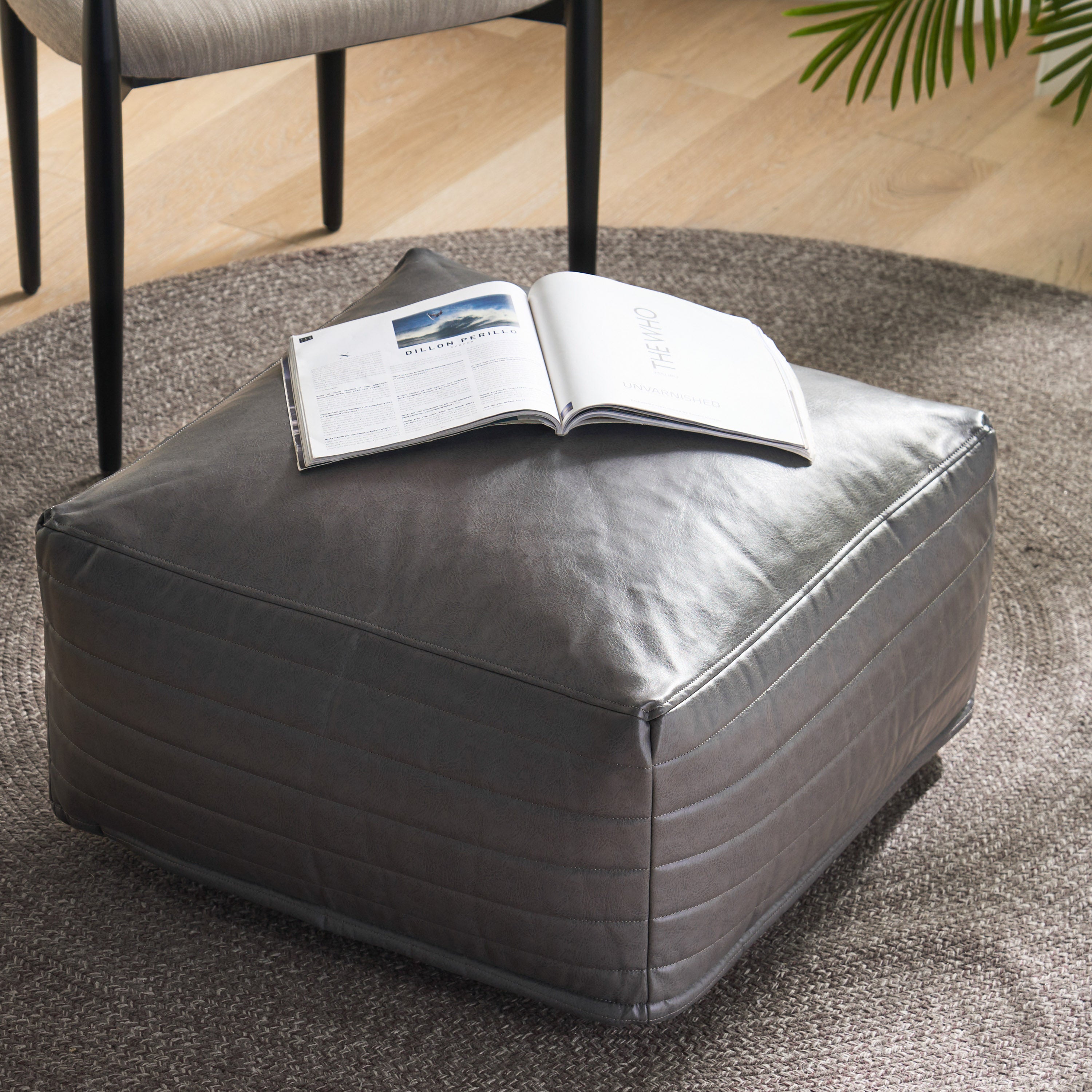 Conrail Contemporary Faux Leather Channel Stitch Pouf