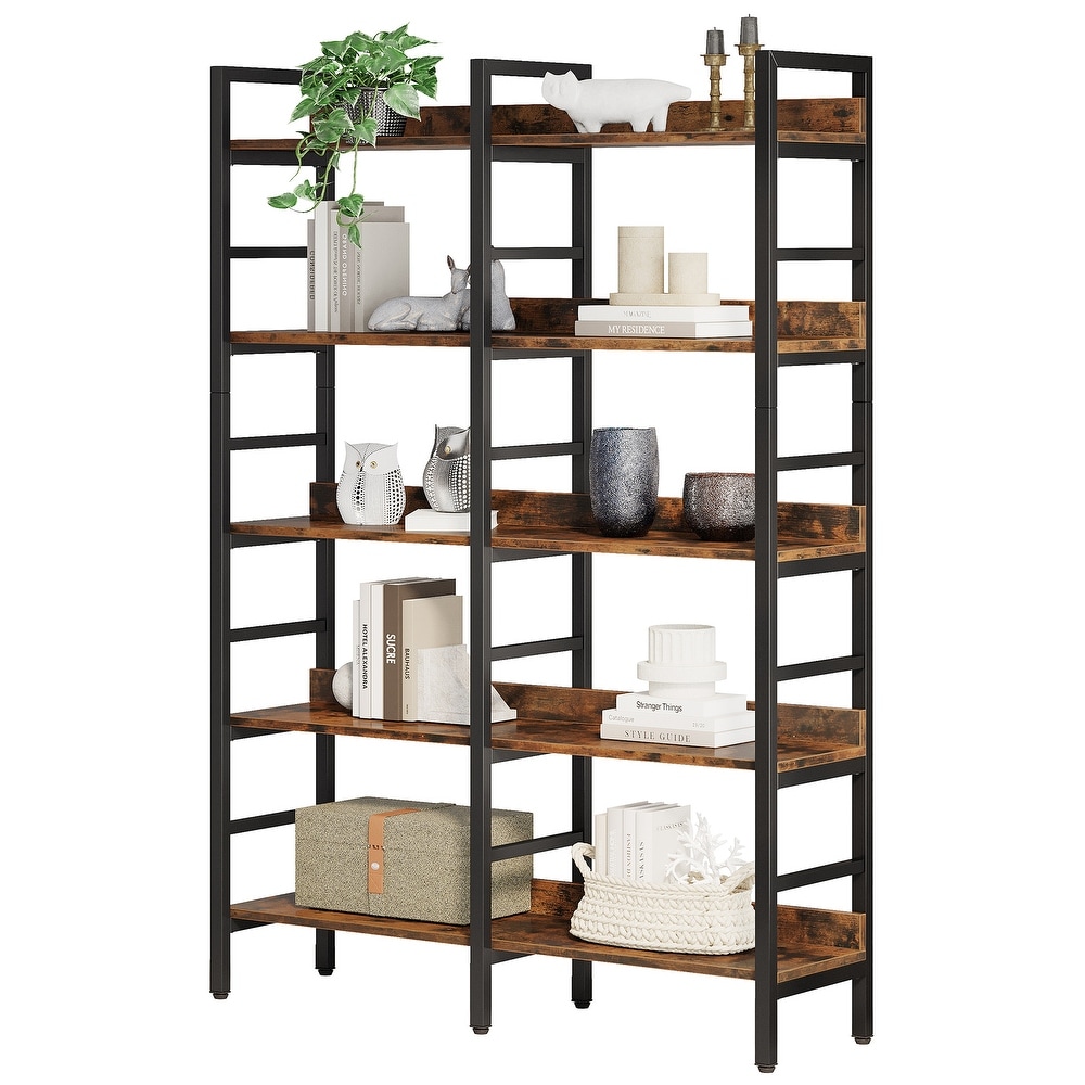 Double Wide Bookshelf  5 Tier Industrial Etagere Bookcase Free Standing Tall Book Shelf  Rustic Brown