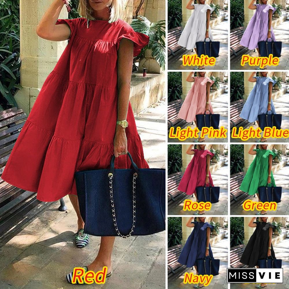 Summer Women Short Sleeve O Neck Solid Color Pretty Ruffle Dress Casual Cotton Baggy Tunic Dresses S-5XL