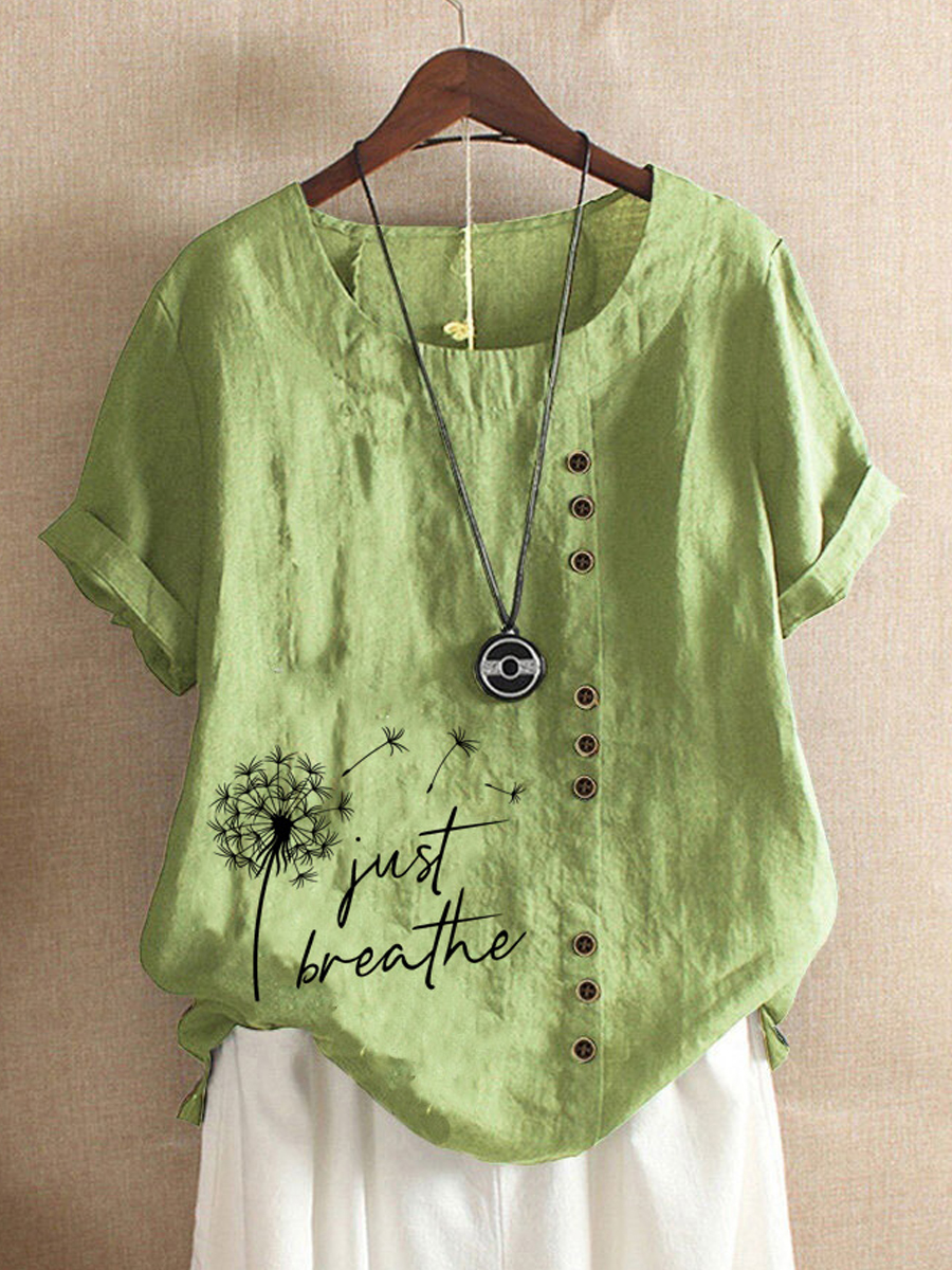 Casual Vintage Dandelion Print Crew Neck Short Sleeve Blouse