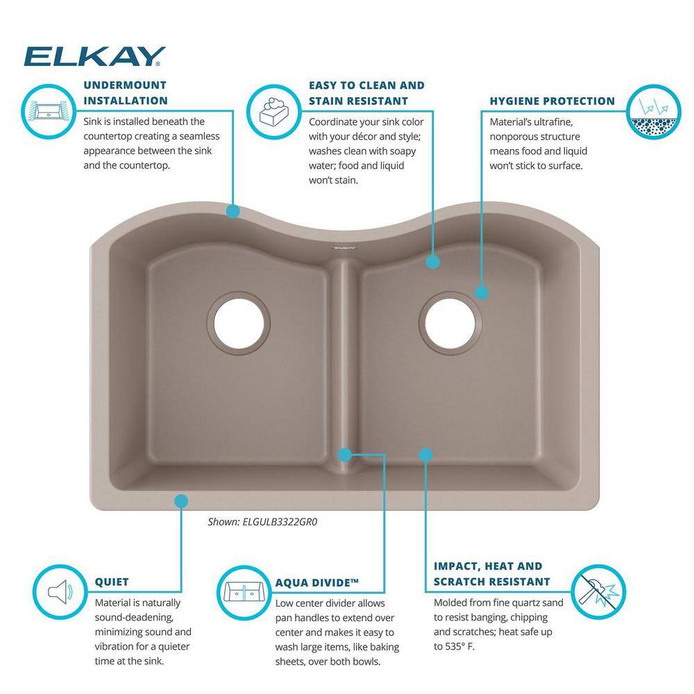 Elkay Quartz Classic Greige Quartz 33 in. Equal Double Bowl Undermount Kitchen Sink with Aqua Divide ELGULB3322GR0