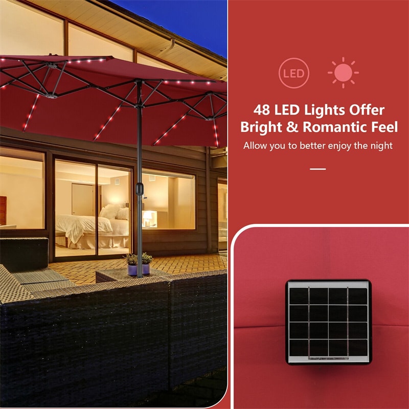 15 FT Large Outdoor Patio Table Umbrella with 48 Solar LED Lights & Crank, Double-Sided Metal Deck Pool Umbrella