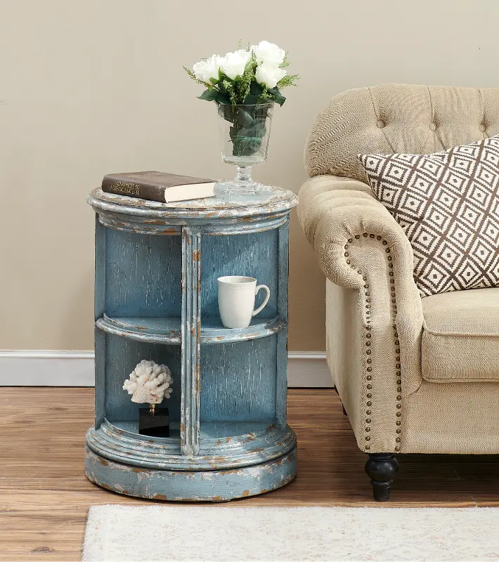 Distressed Blue Round Accent Table - Burton