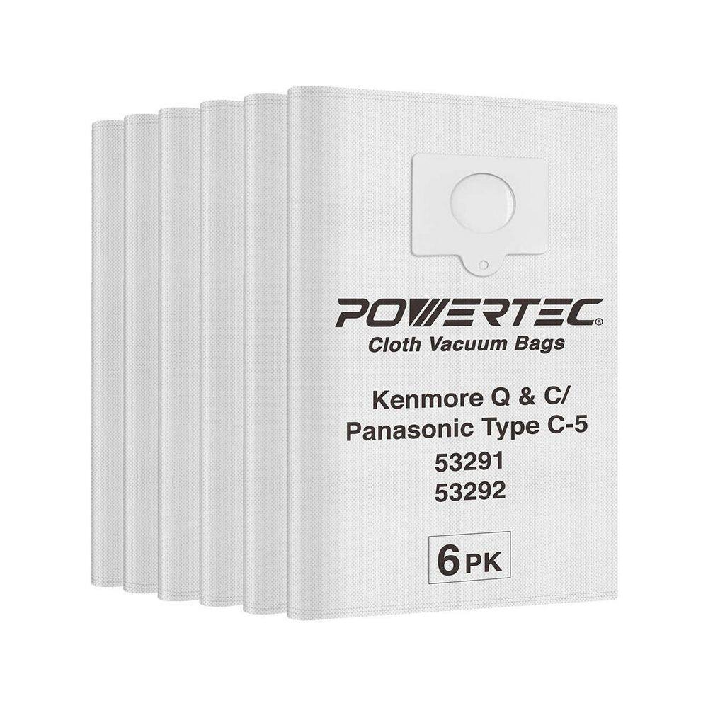 POWERTEC HEPA Cloth Vacuum Bag Replacement for Kenmore Q and C Style Vacuums and Panasonic Type C-5 (6-Pack) 75053