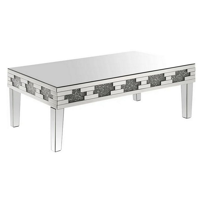 Coffee Table with Mirror Panel Framing and Faux Diamonds， Silver