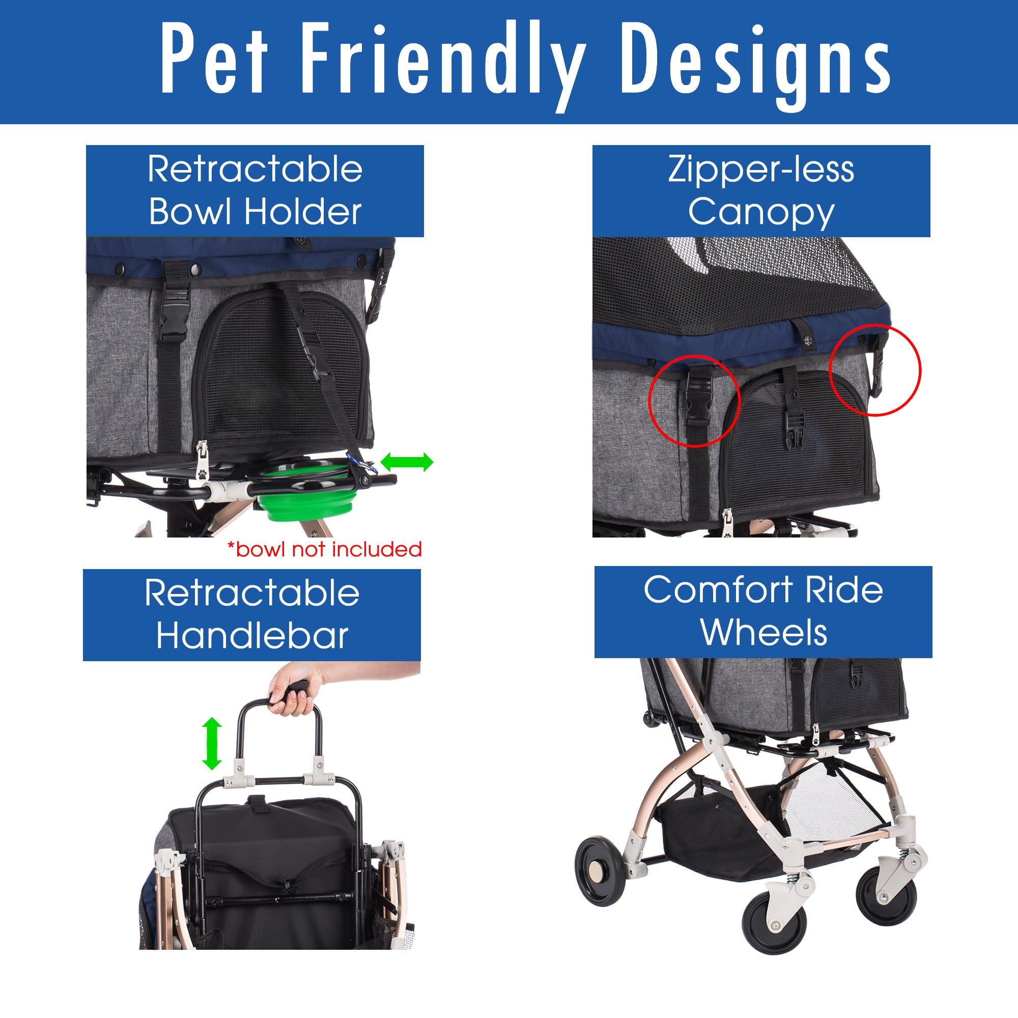 HPZ Pet Rover Lite Travel Dog， Cat and Pet Stroller， Navy Blue