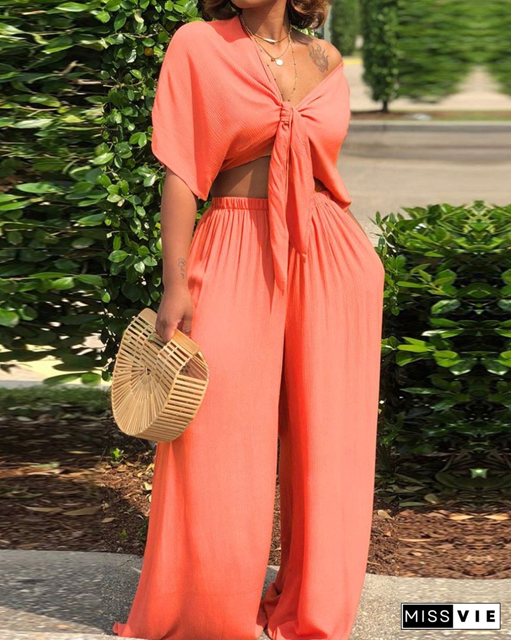 Solid Color Tie Front Crop Top & Wide Leg Pants Set