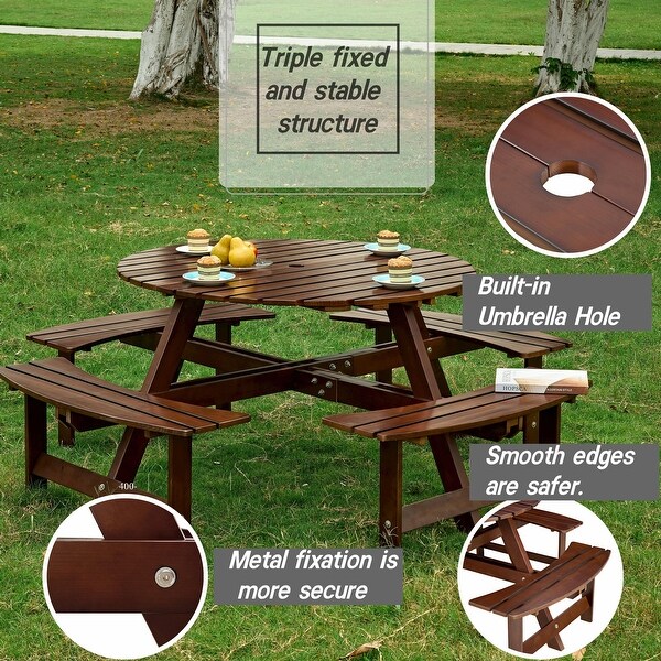 Outdoor 8 Person Round Picnic Table with Bench，Umbrella Hole for Garden，Backyard，Porch，Patio