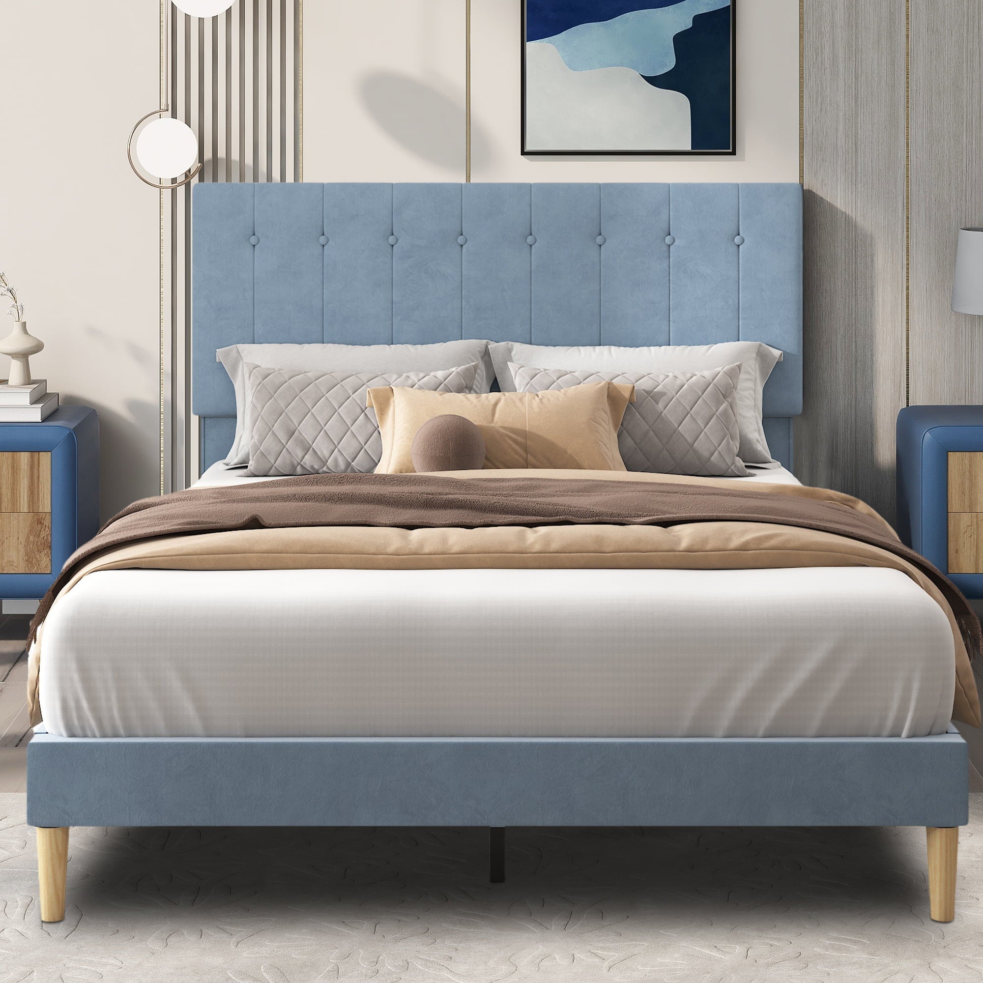 Blue Full Bed Frame for Adults Kids, Modern Fabric Upholstered Platform Bed Frame with Headboard, Full Size Bed Frame Bedroom Furniture with Wood Slats Support, No Box Spring Needed