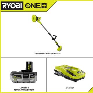 RYOBI ONE+ 18V Cordless Telescoping Power Scrubber with HIGH PERFORMANCE 4.0 Ah Battery and Charger Kit P4500-PSK004