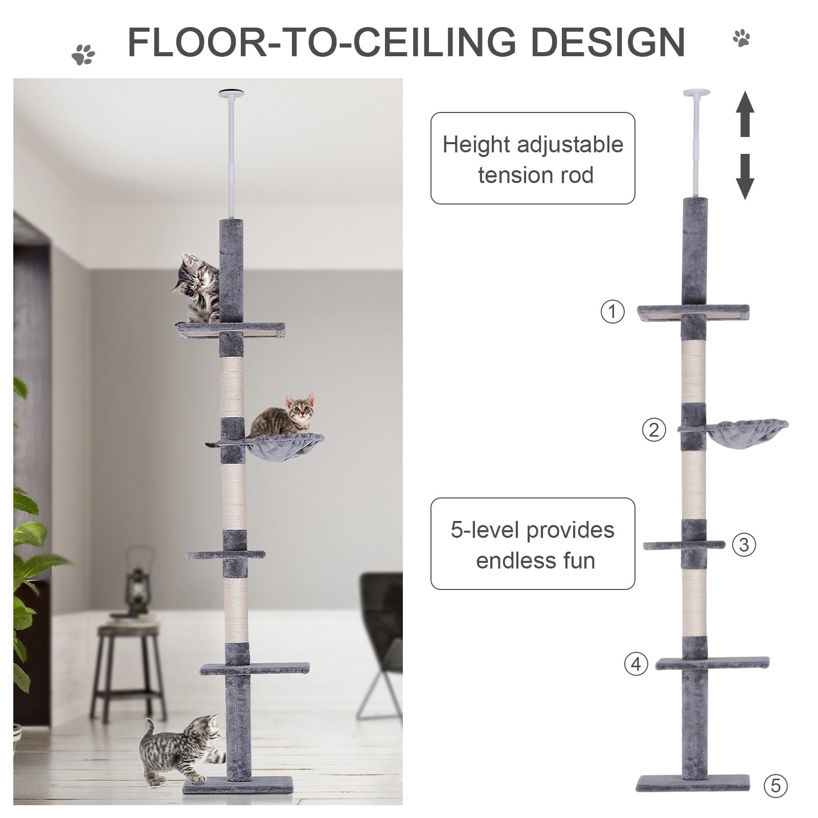 Pawhut Adjustable Height Floor To Ceiling Vertical Cat Tree, Gray and White, 9'