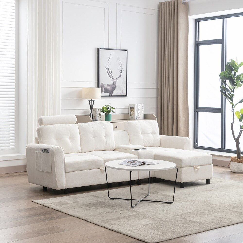 Modern L Shaped Sectional Sofa with Storage and Cup Holders