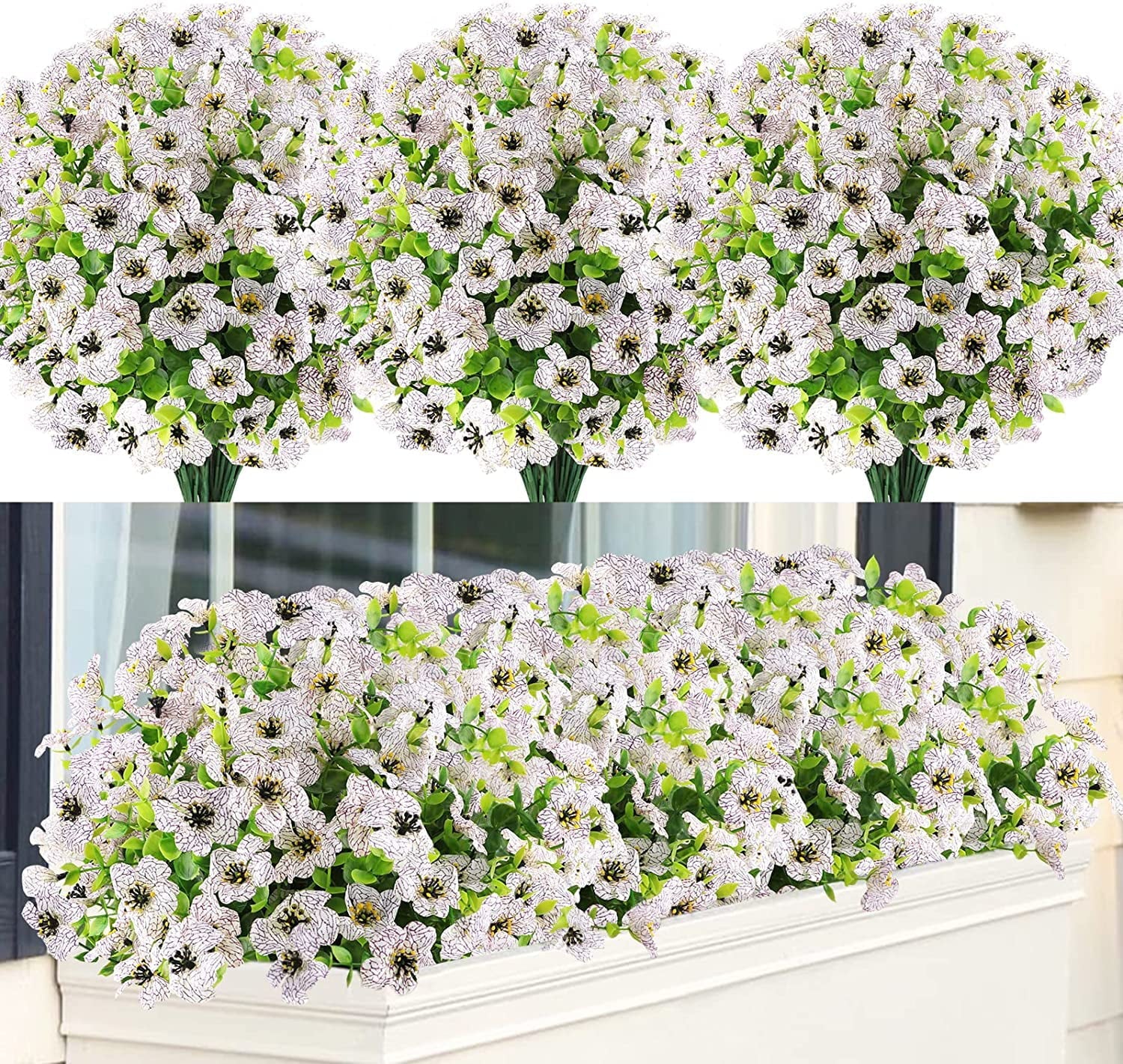 Sinhoon 6 Bundles Artificial Flowers UV Resistant Fake Plants Outdoor Faux Plastic Flowers Garden Window Box Porch Home Decor (White)