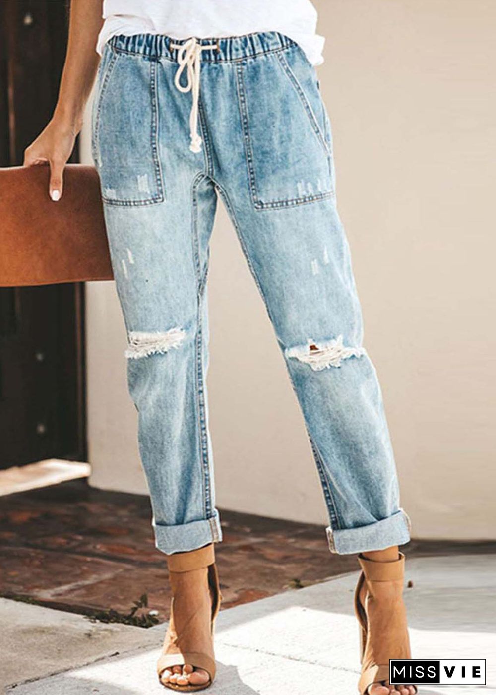 Casual Blue Elastic Waist Ripped Denim Harem Pants Summer