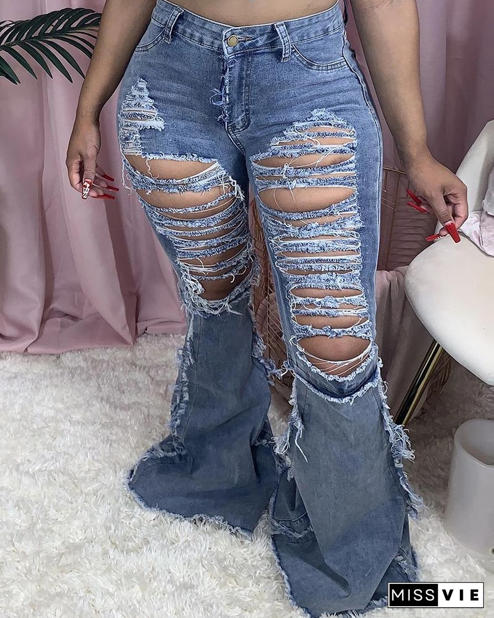 Ladder Cut Out Fringe Hem Bootcut Jeans