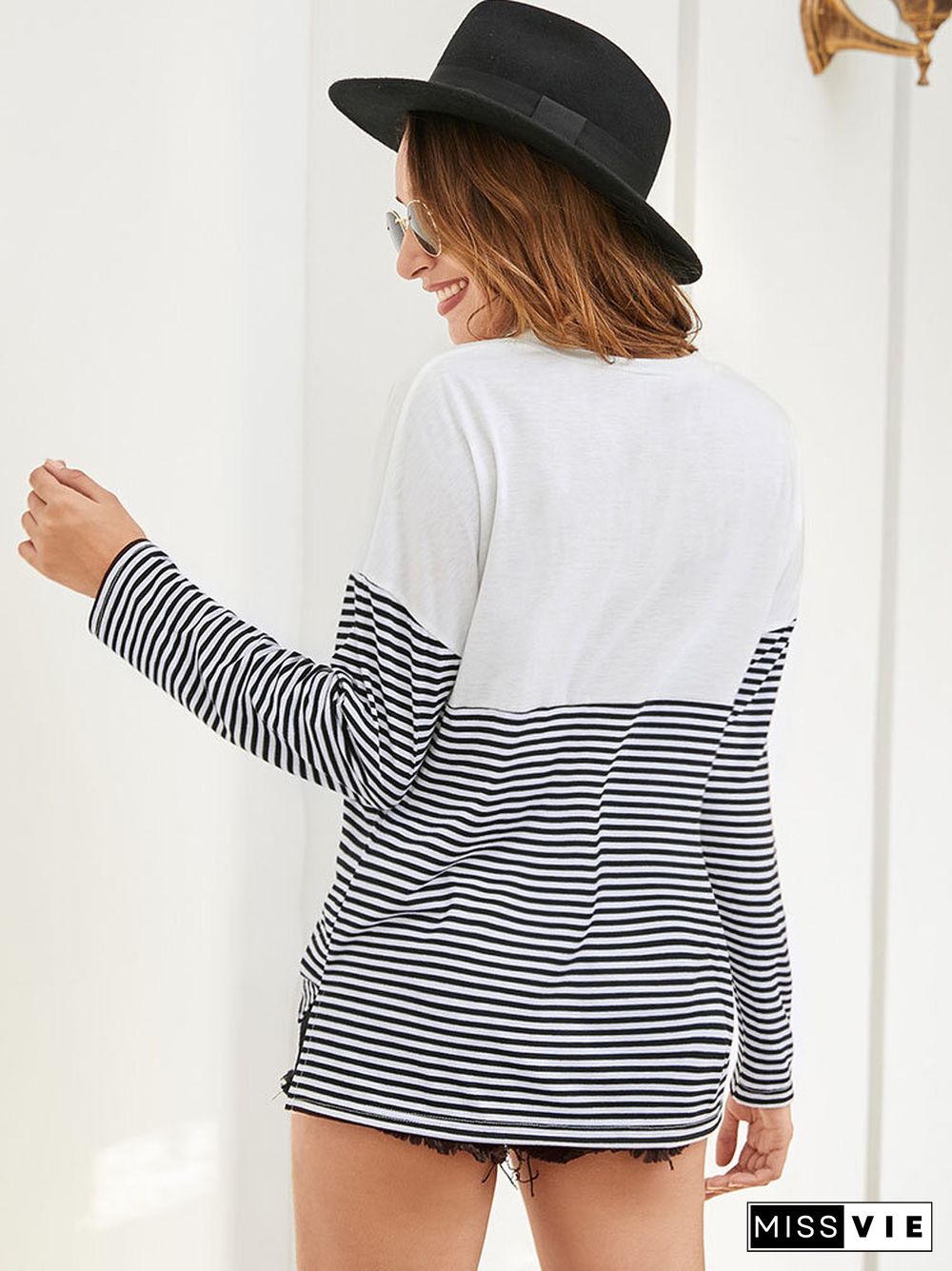 Stripe Print Patchwork Pocket Long Sleeve Crew Neck Casual T-shirt