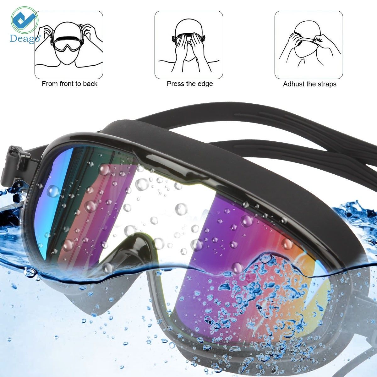 Deago Adults Men Women Clear Mirror Swimming Goggles Glasses UV Protection Anti-Fog (Black)