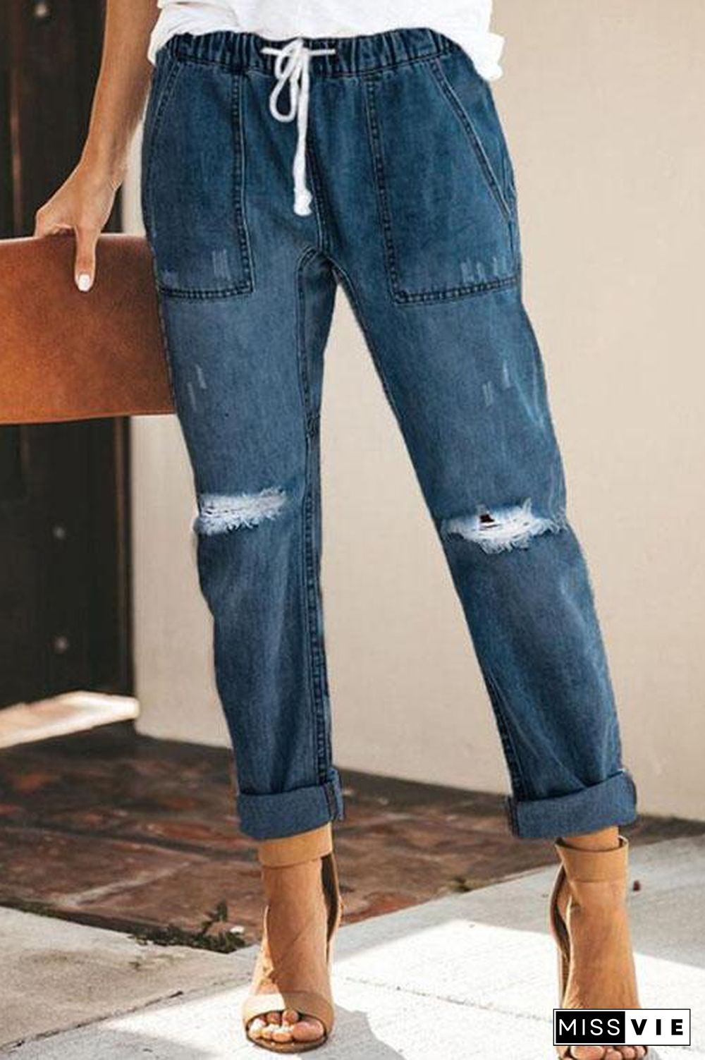 Elastic Waist Ripped Jeans