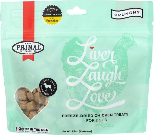 Primal Liver， Laugh， Love Simply Chicken Flavored Crunchy Dog Treats， 1.5-oz bag