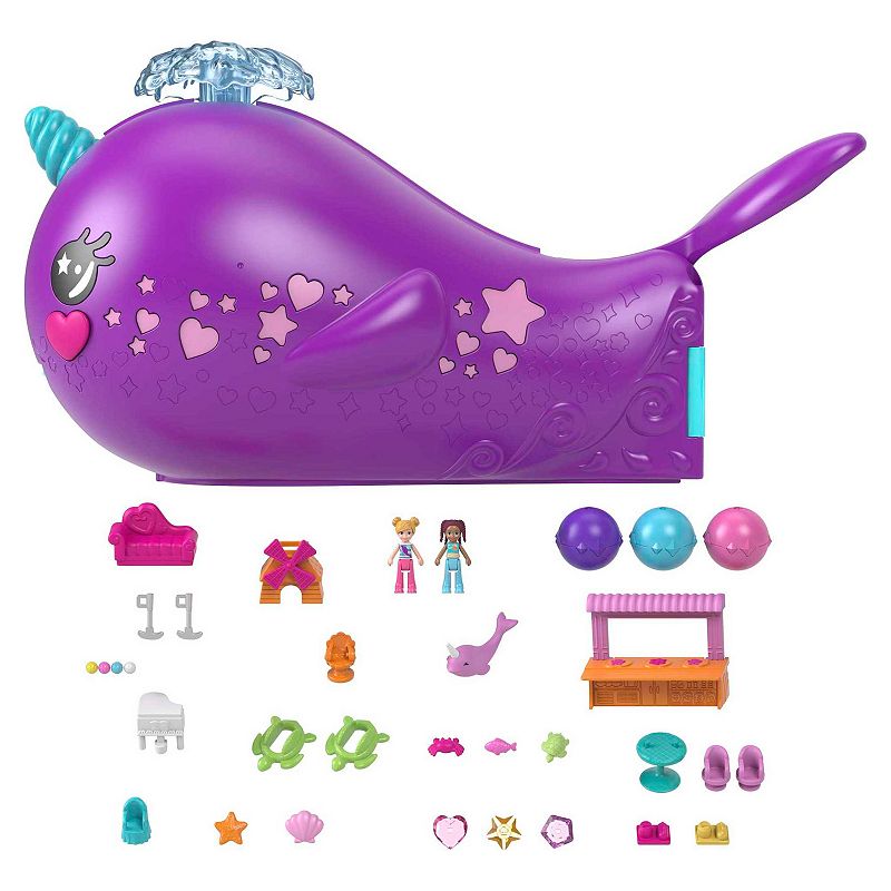 Polly Pocket Sparkle Cove Adventure Narwhal Adventurer Boat Playset With 2 Micro Dolls and 13 Accessories