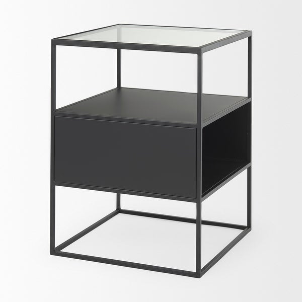 Samson Matte Black Iron w/ Glass Top Side Table - 15.7