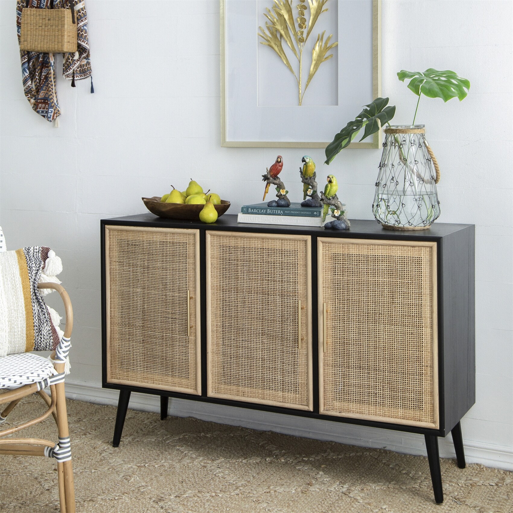 Dresser Storage Cabinet with Natural Rattan Decorated Door - - 37834889