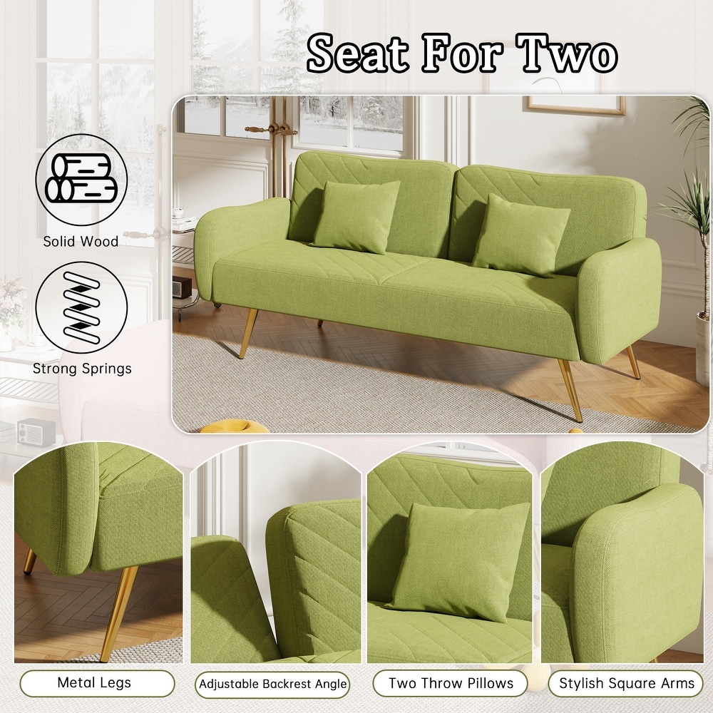 Linen Fabric Recliner Loveseat Sleeper Sofa with Split Back and 2 Throw Pillows for Living Room  Convertible Sofa Bed  Green