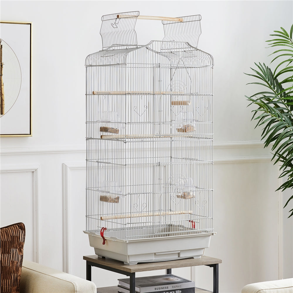 Yaheetech 41''H Open Top Metal Bird Cage Large Parrot Cage with Double Door Design Slide-out Tray Four Feeders， Light Gray