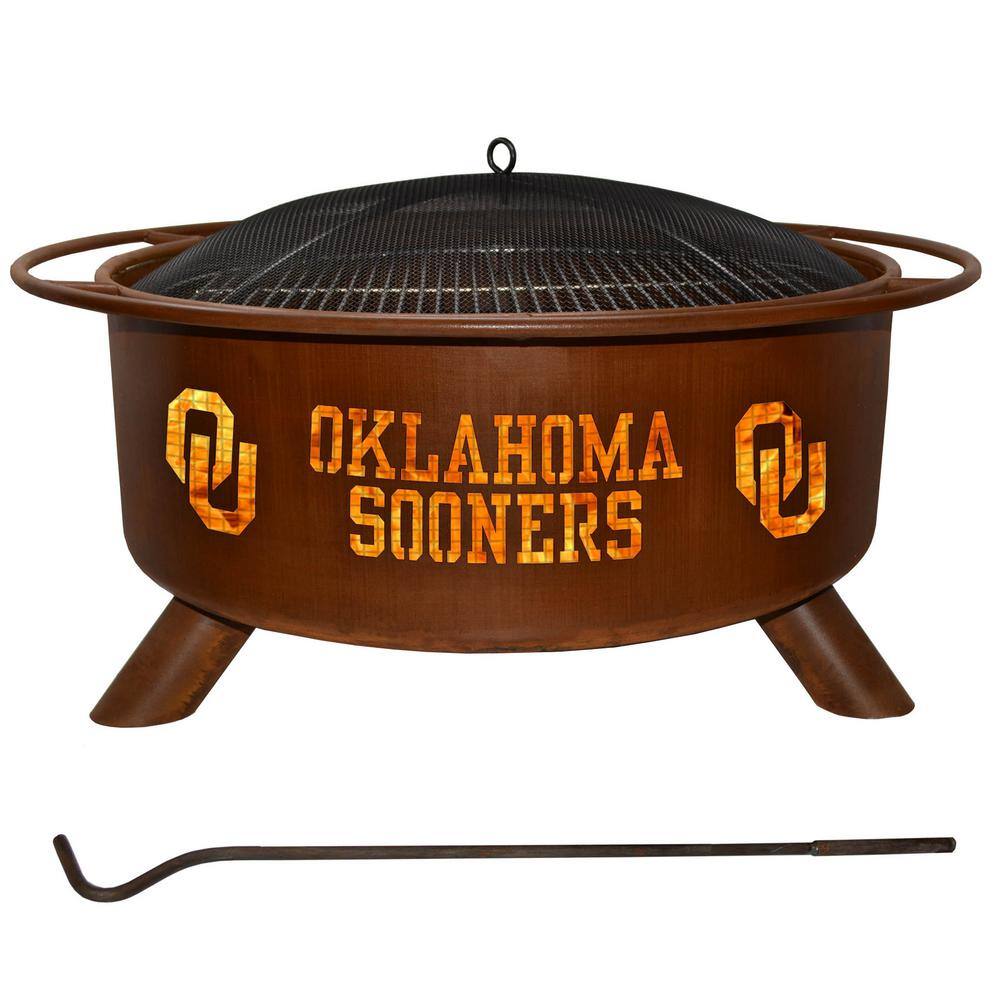 Oklahoma 29 in. x 18 in. Round Steel Wood Burning Fire Pit in Rust with Grill Poker Spark Screen and Cover F218