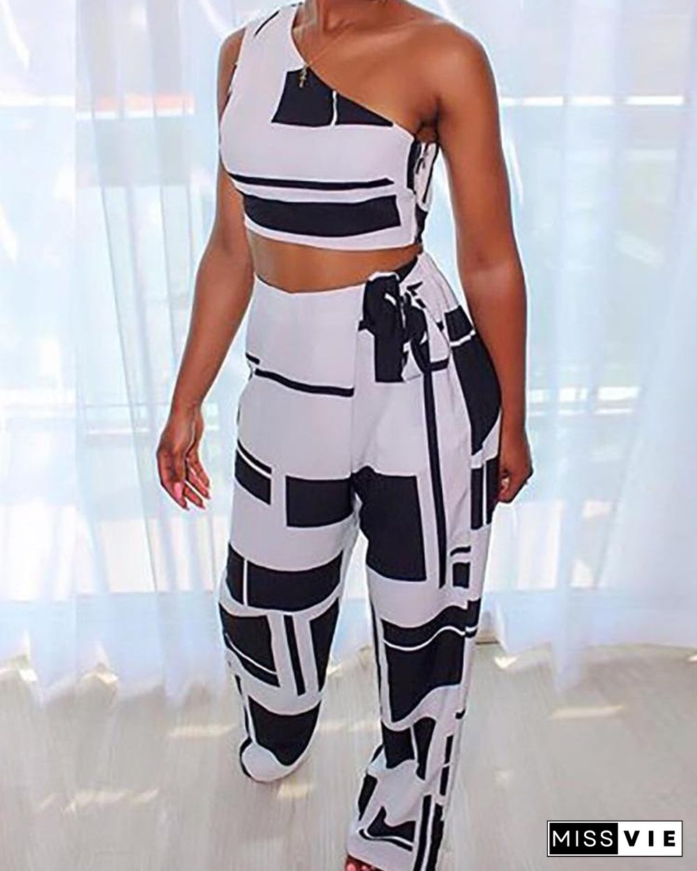 Colorblock One Shoulder Cropped Wide Pants Set P10968